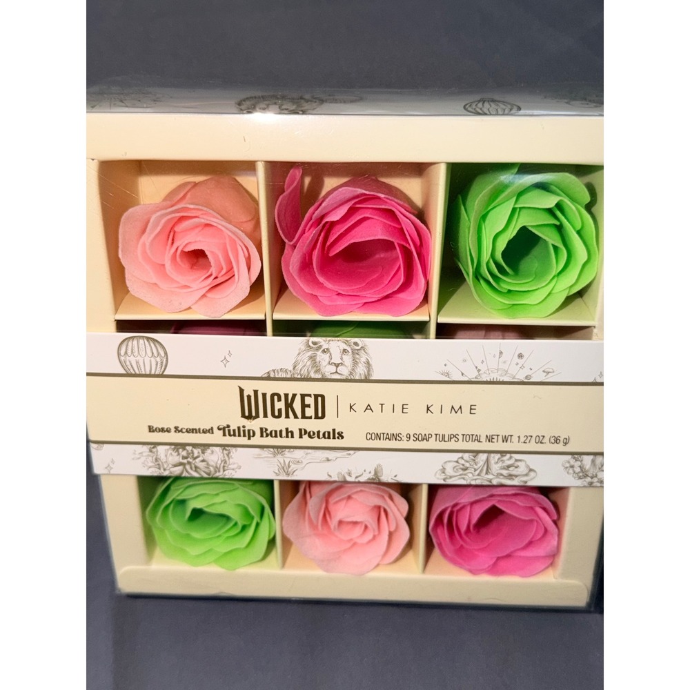 Wicked x Katie Kime Rose Scented Tulip Bath Petals 9ct Pink Green Soap Set NEW